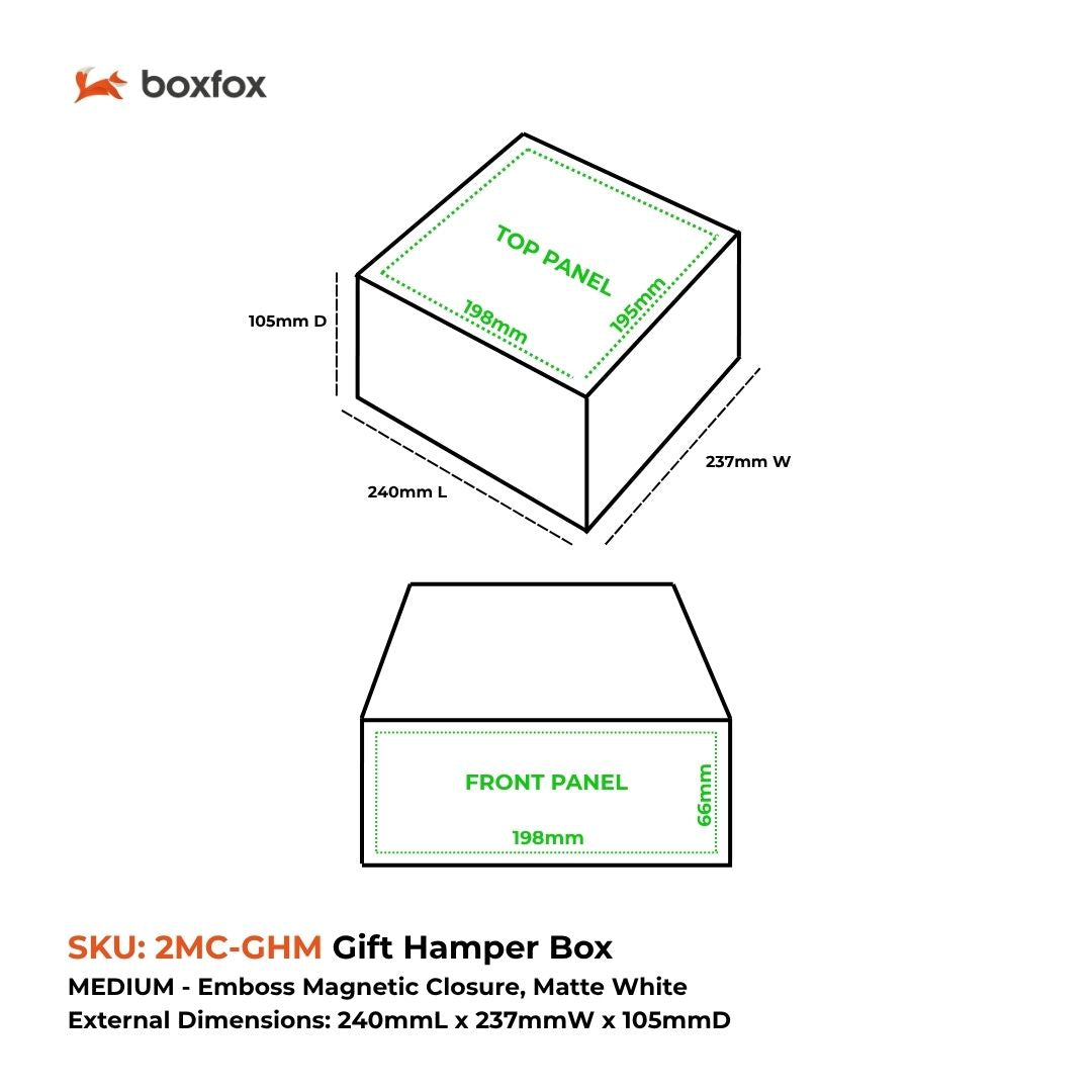 Gift Hamper Box, Medium Emboss Magnetic Closure 220x220x100mm, Matt White Custom Print