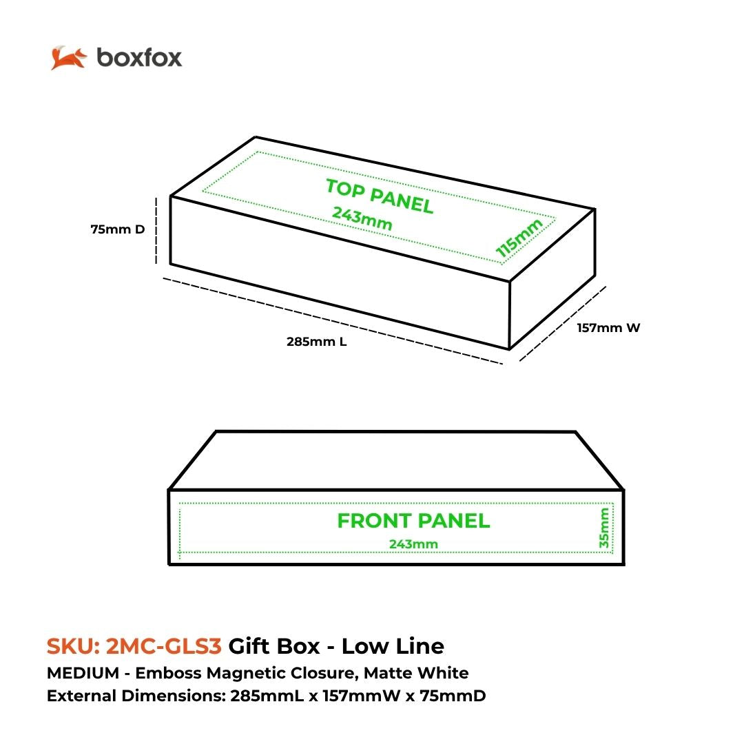 Gift Box, Low Line, Medium Emboss Magnetic Closure 265x140x70mm, Matt White Custom Print
