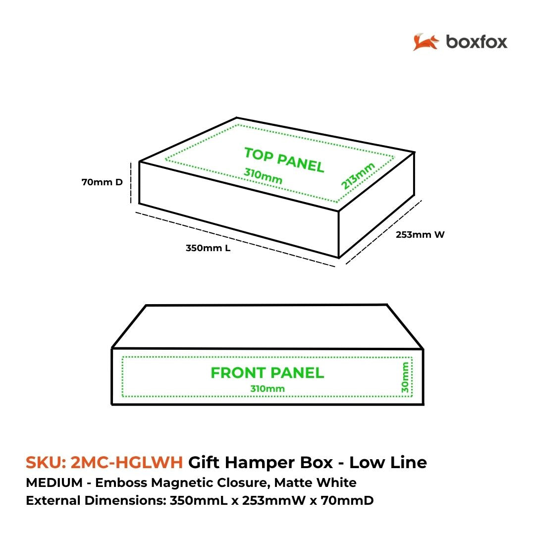 Gift Hamper Box, Low Line, Medium Emboss Magnetic Closure 330x236x65mm, Matt White Custom Print