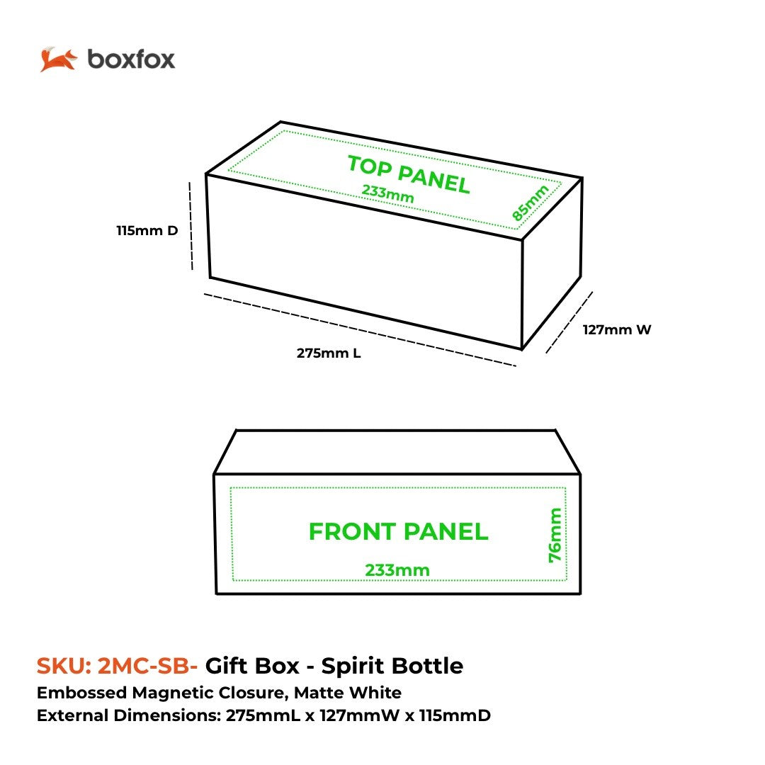 Gift Box, Spirit Bottle Emboss Magnetic Closure 255x110x110mm, Matt White Custom Print