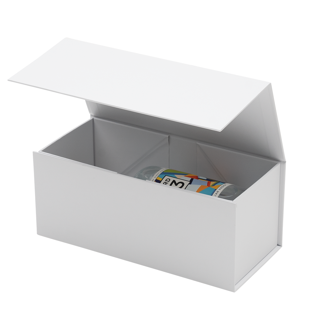 Gift Box, Spirit Bottle Emboss Magnetic Closure 255x110x110mm, Matt White Custom Print