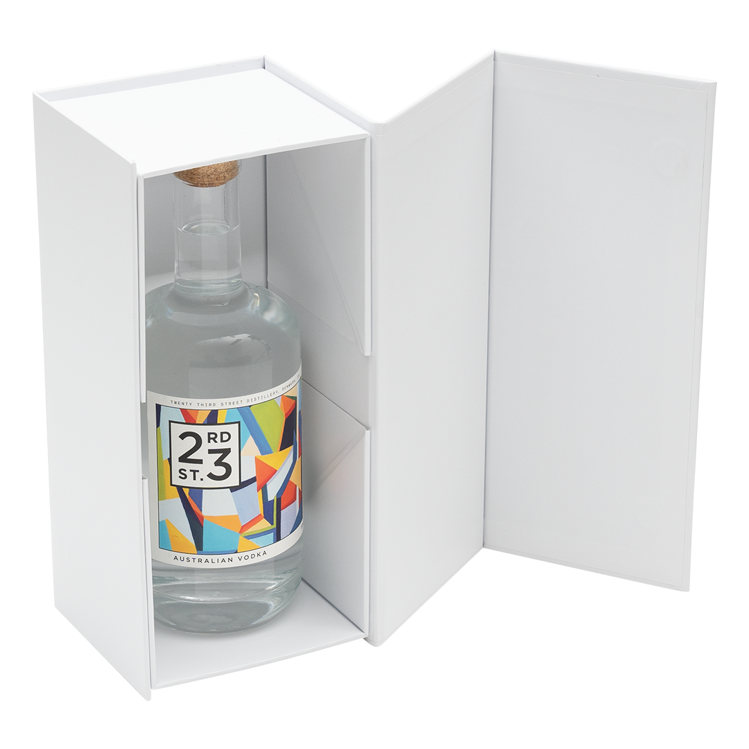 Gift Box, Spirit Bottle Emboss Magnetic Closure 255x110x110mm, Matt White Custom Print
