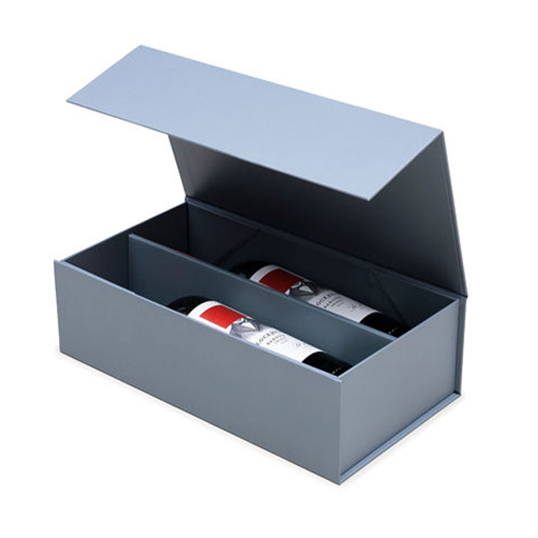 Wine Box, Two Bottle Insert, Emboss Magnetic Closure, Matt Grey Custom Print